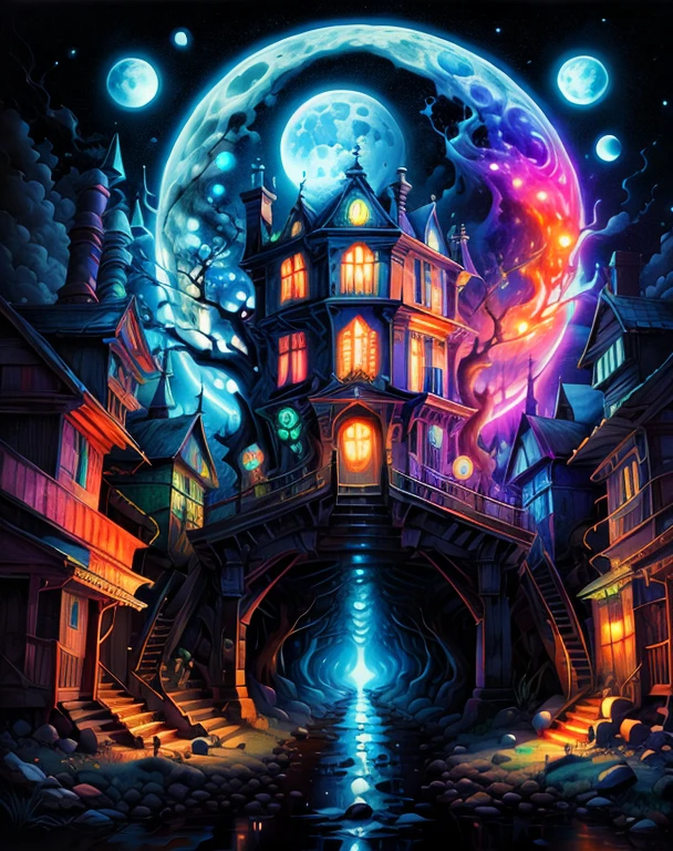 masterpiece, beautiful psychedelic moon, black light painting PsyAI