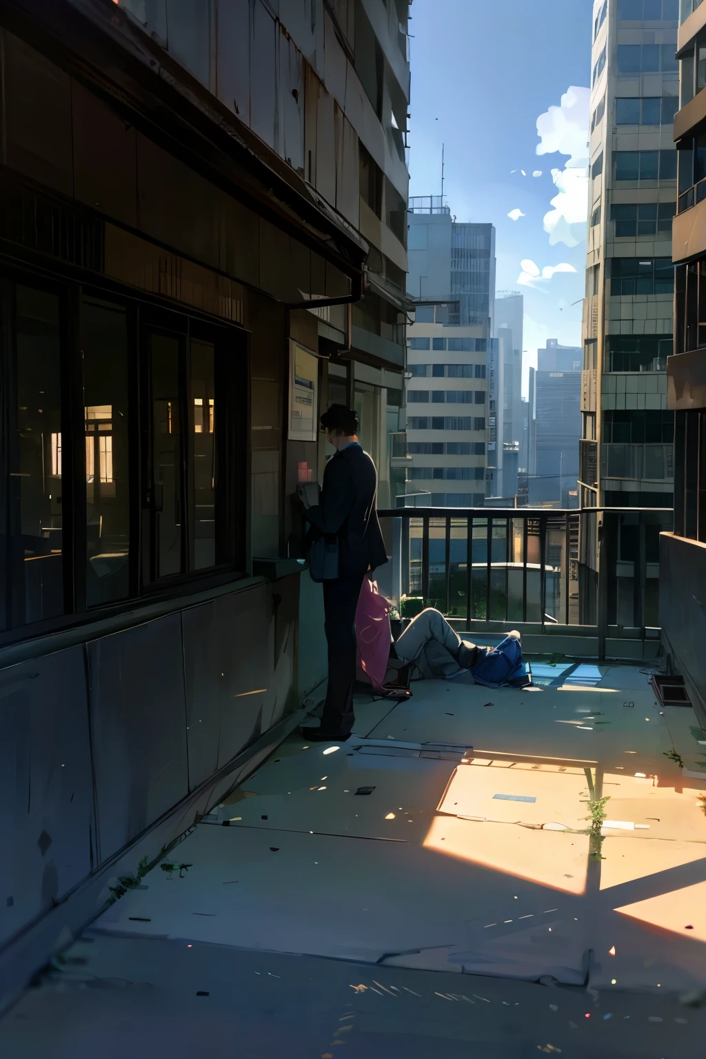 humor,comic style,bold lines,high rise residential building, with wide angle lens, The room was bare, with no furniture or luggage, and the balcony had a balcony with silhouettes of buildings in the Shinjuku subcenter in the distance, and the afternoon sun was shining in through the windows. The room was bare, with no furniture or luggage, and the balcony had a balcony with silhouettes of buildings in the Shinjuku subcenter in the distance, and the afternoon sun was shining in through the windows. Two young men are smoking cigarettes and one is hugging the other from behind , modern gay romance, humor,comic style,bold lines,