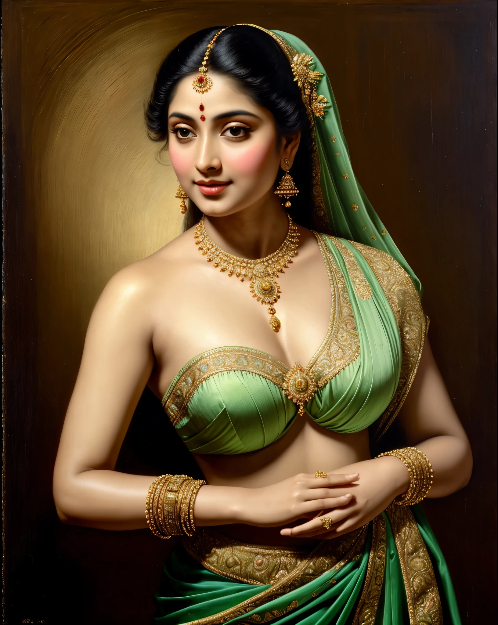 Beautiful Indian Woman, wearing saree, sari Beauty, gorgeous, Apsara, Maharani, royal queen woman, nymph from Hindu Mythology, Urvashi, matchless beauty, Highly detailed, Oil Painting by Peter Paul Rubens inspired by Raja Ravi Varma, Matchless beauty, captivating, gorgeous, heavenly beauty, celestial beauty, by Peter Paul Rubens, 13, realistic, hyper realistic, micro details, incredible artwork, insane details, ultra High resolution, 8k, 32k, acrylic on canvas, intricate, flawless, detailed, detailed face, detailed eyes, masterpiece, by Peter Paul Rubens, by Caravaggio, by William Adolphe bouguereau, perfect face, perfect body, beautiful art, realism, baroque, renaissance Art, highly textured, beautiful and detailed eyes, uhd, best quality,