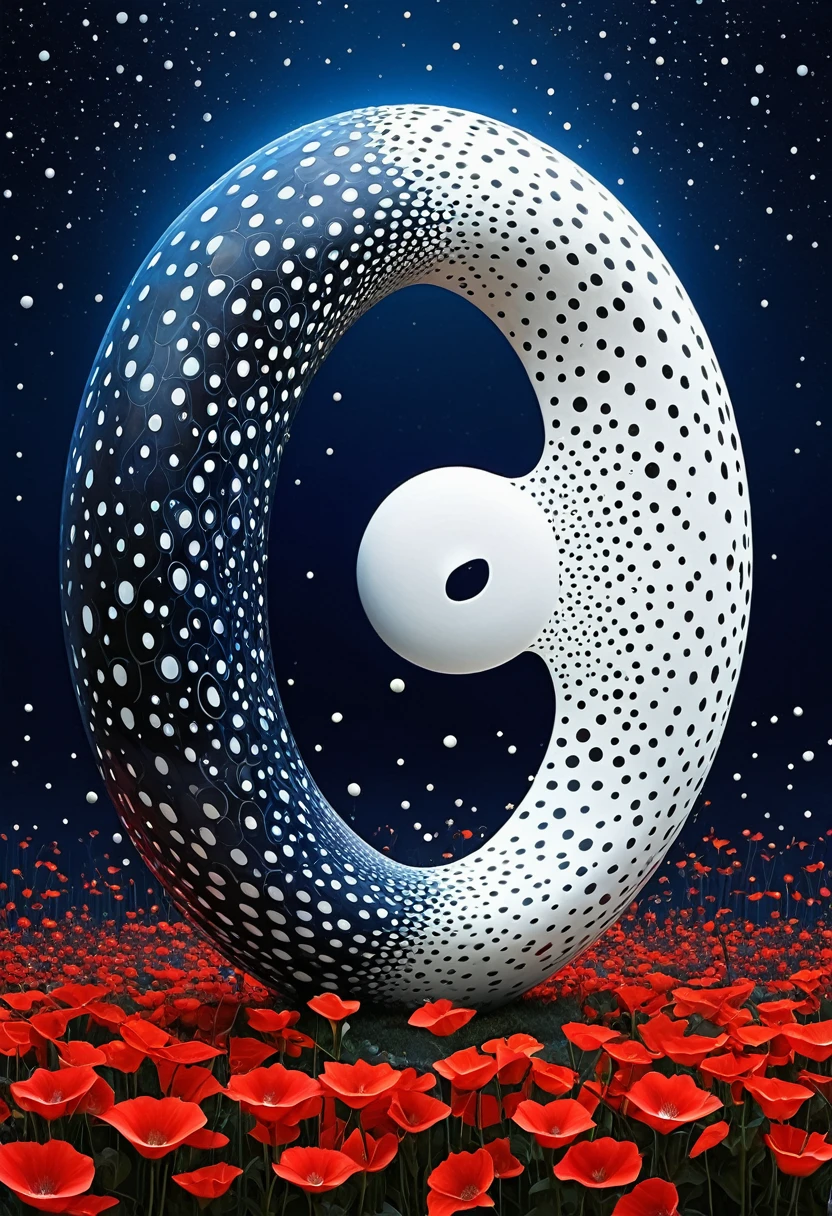 A mesmerizing digital painting captures the essence of two otherworldly creatures, with porcelain skin and strong spots, which form a striking contrast. They symbolize the good in white and the evil in black. in yin yang style The creature is in a modern, stilvolles Gewand gekleidet, das Eleganz ausstrahlt, while standing gracefully amidst a radiant field of bright red moonflowers. The harmony of the twilight and midnight blue tones in the background creates a dreamy, surreal atmosphere. Drahtstrukturen und Disco-Core-Modeelemente rufen eine postapokalyptische, futuristic atmosphere, while the creature’s hyper-realistic details draw the viewer into its captivating, mystical world.