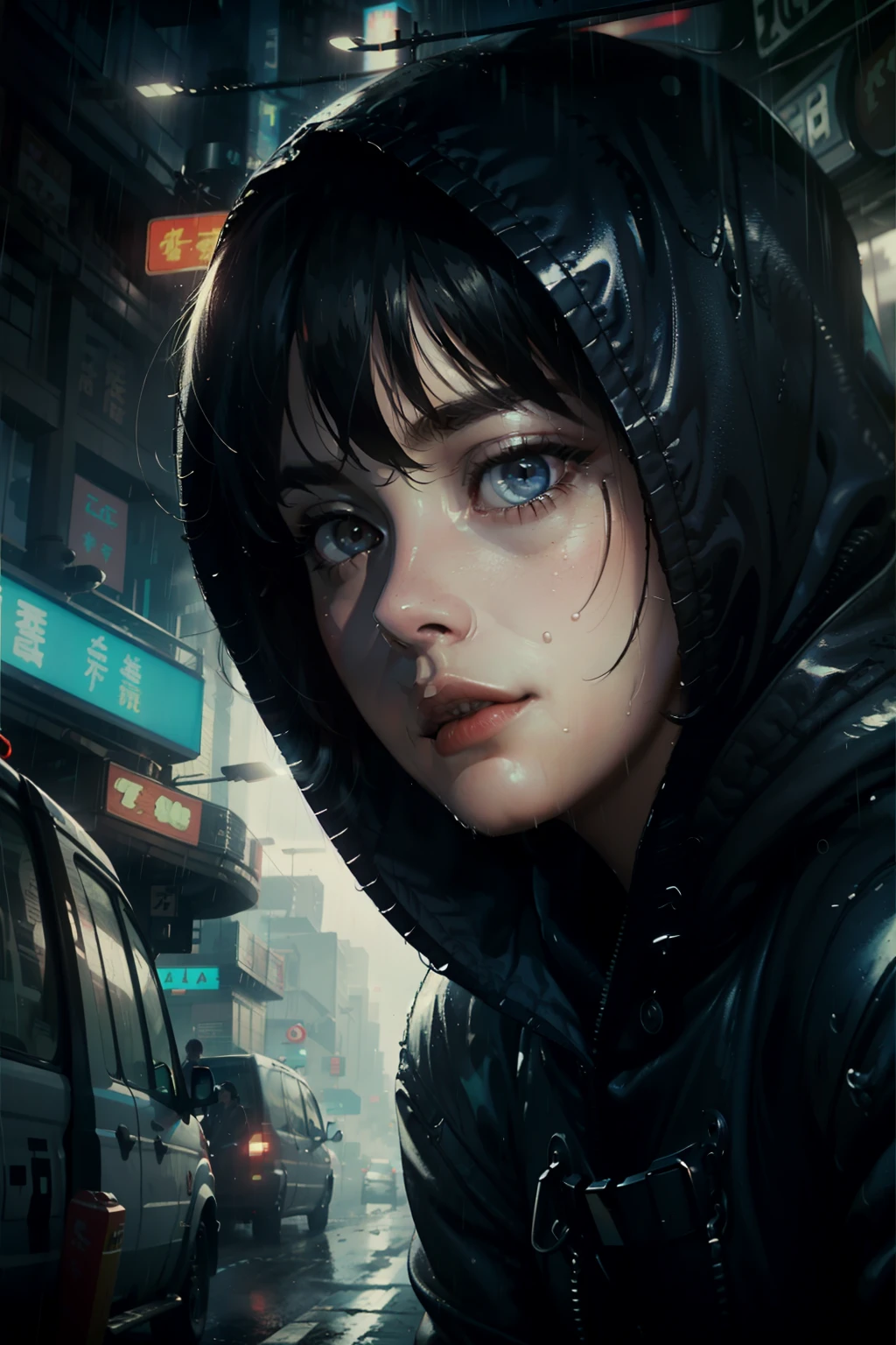 ((highest quality)), ((masterpiece)), (be familiar with), (High definition), (Accurate), (Realistic), (Cinematic), (Best Shadow), (Low contrast), (8K), Perfect Face, ((SYD MEAD style)), manga、mangaデザイン、Storyboard、Frame division、1 Female, Black Hair, very short hair, ((Blue Eyes)), (Replicant), (On the run:1.2 )、Wearing a hooded raincoat、Hollow Eyes、(Scramble crossing), Being chased by the police、The car is jammed、congestion, congestion, Decadent Future City, NEO TOKYO, A.D.2051, (steam:1.2), It's raining white, evening, (Close-up of face)、Bust Shot