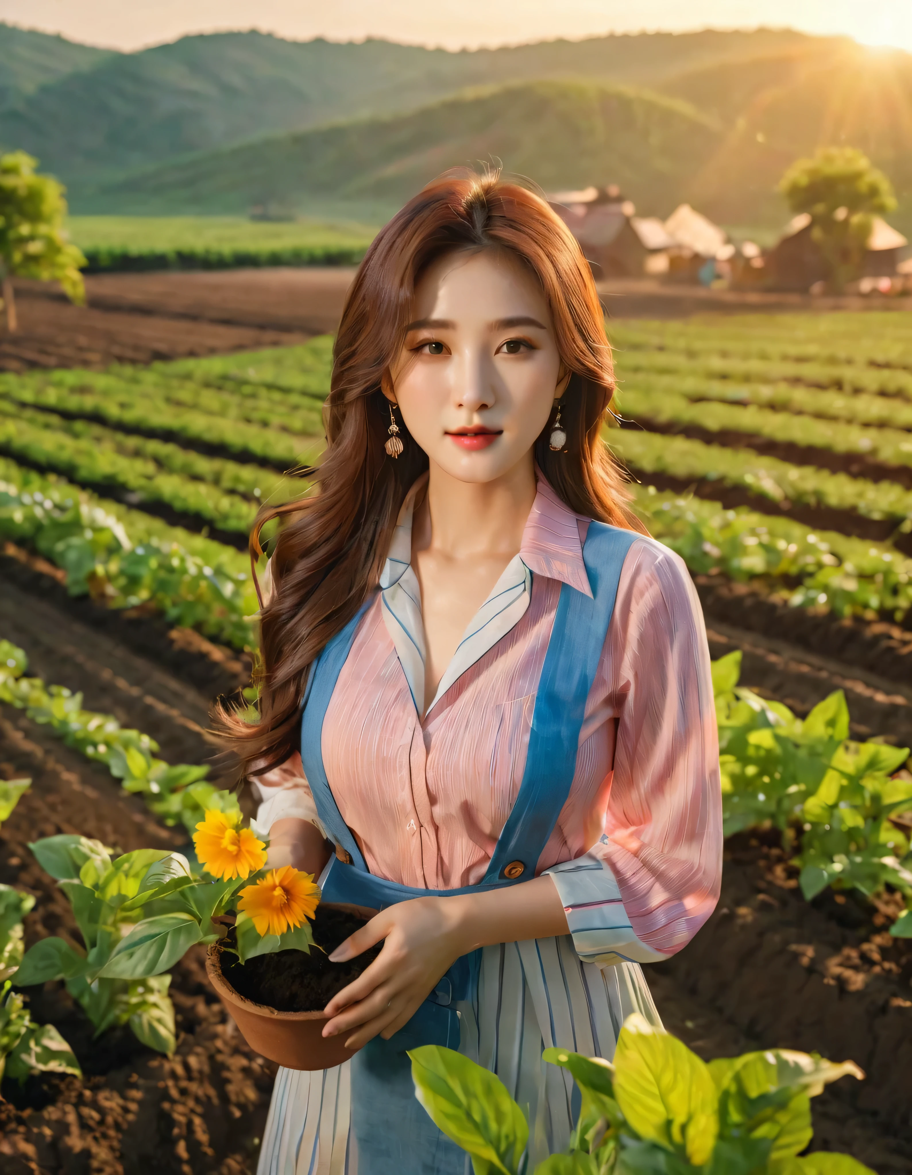 High angle shot of beautiful korean female, 36 inch breasts size, long hair, wearing multicoloured shirt, sweat, in the farms, planting trees, agriculture, dirt in dress, sunset light, uhd, highly detailed background, 8k