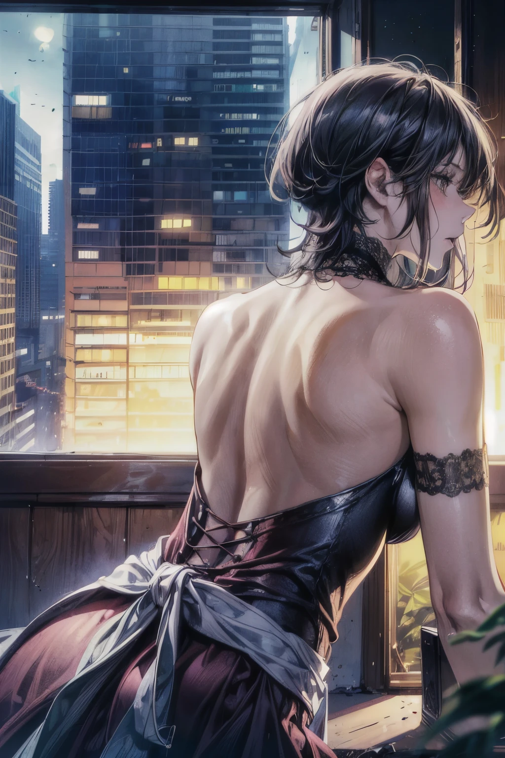 (best quality,ultra-detailed,realistic:1.37), humor,comic style,bold lines,high rise residential building, The room was bare, with no furniture or luggage, and the balcony had a balcony with silhouettes of buildings in the Shinjuku subcenter in the distance, and the afternoon sun was shining in through the windows. Two young mens are smoking cigarettes and one is hugging the other from behind,modern gay romance, comic style,bold lines,playful colors,vibrant colors, soft lighting, depth of emotions, tender gazes, longing for connection, raw and honest, LGBTQ+ representation, urban setting, authentic expressions, compelling storytelling, dramatic composition,