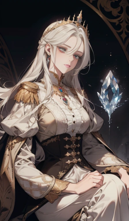 fantasia, 19th-century, empress, mulher, rosto delicado, cabelo longo castanho claro, olhos azuis, em um vestido real branco com ombros abertos, gold patterns on fabric, crystal jewelry, com uma fita escarlate no ombro com os trajes do monarca, Gothic castle made of white stone in the background, luz, dia, High definition