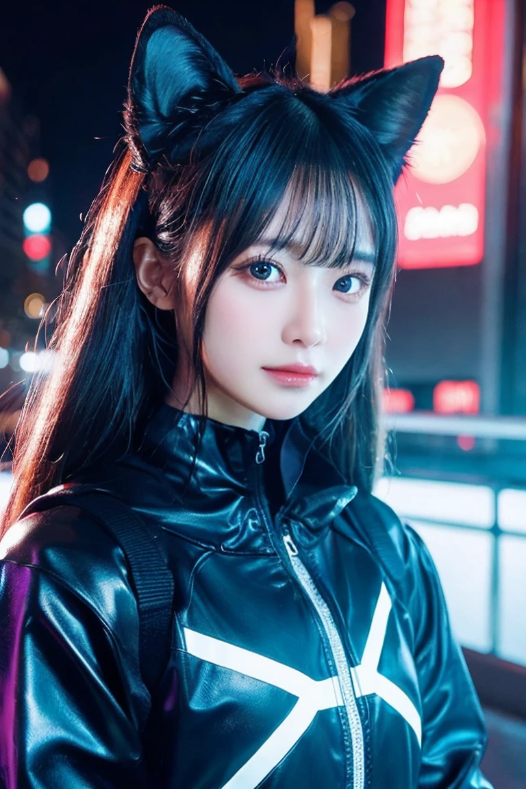Futuristic cat-eared girl character、Draw Aimira。She has neon blue eyes.、Wearing cyberpunk-inspired accessories。Clothing is made of hologram material、It is designed in the image of IT technology.。The expression is curious、Please express a cheerful and energetic appearance。The backdrop is the futuristic city of neon Tokyo、Keep futuristic buildings and digital elements visible。8K、watercolor paiting、