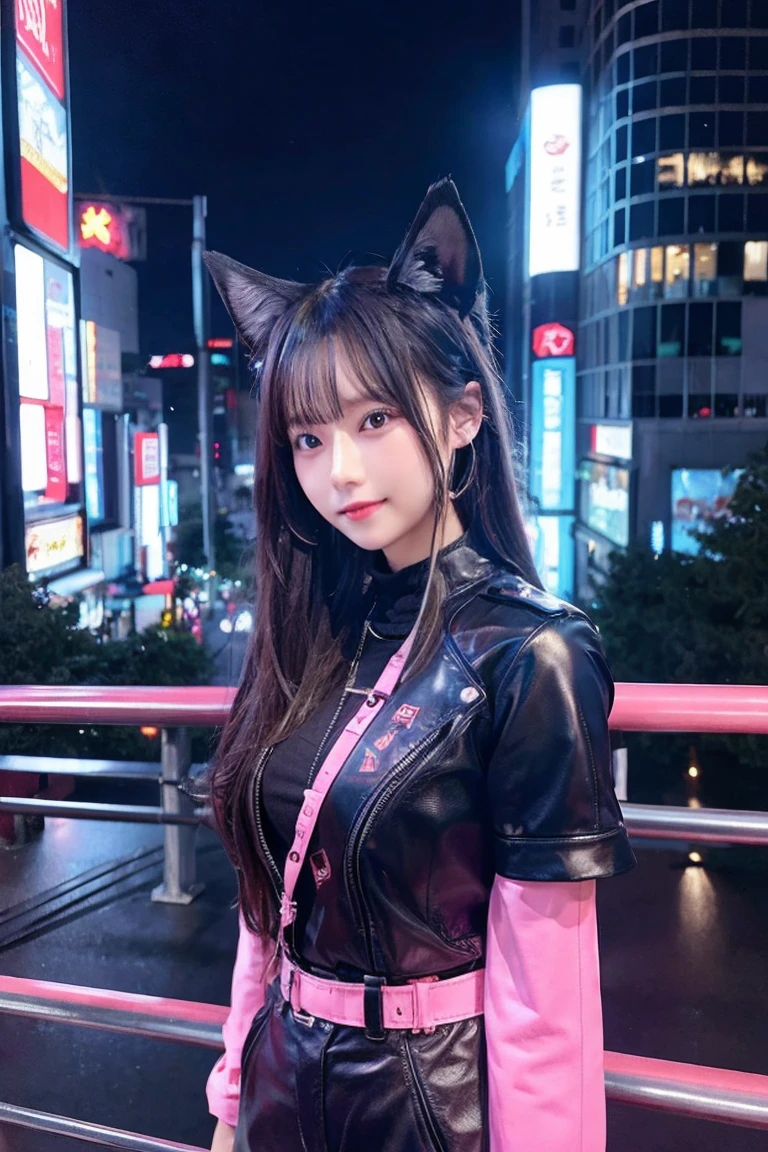 Futuristic cat-eared girl character、Draw Aimira。She has neon blue eyes.、Wearing cyberpunk-inspired accessories。Clothing is made of hologram material、It is designed in the image of IT technology.。The expression is curious、Please express a cheerful and energetic appearance。The backdrop is the futuristic city of neon Tokyo、Keep futuristic buildings and digital elements visible。8K、watercolor paiting、