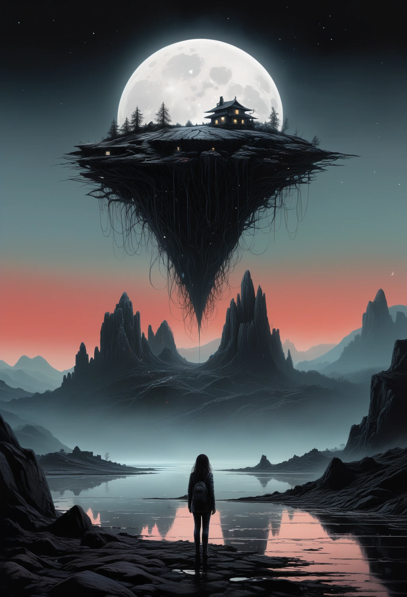 Rubyfall Spectrolite Na'vi ,troll,long hair,pretty face,eyebrow up,full body shot,ominous landscape,Simon Stalenhag,native armenia,Wangechi Mutu,prime colors,urban,extremely detailed, [night landscape],masterpiece,intricate details,eyes extremely detailed, high detailed eyes,city in mountain on background,niobium Chalcopyrite moon,Obsidian Alien Entity,ominous landscape, niobium Obsidian atmosphere,dangerous,full body length, sassiness,pretty face,intricate details,realistic humid skin,extremely intricate details,anatomically correct,High contrast,Ultra HD,HDR,photo,photorealism,Masterpiece, natural skin textures, hyper realism,hyper detailed,High contrast,Realism,Ultra Detailed,irina yermolova, close full body shot,32K resolution,Nikon Z9,full body length,Manganite babygirl ,pretty face,eyebrow up,long boney fingers,pencil drawing,detailed hand structure,veiny hands,gnarled knuckles,stretched tendons,thin and delicate fingers,(high contrast, black and white),light and shadows,subtle shading,dramatic perspective,(fine etching:1.1),realistic textures and wrinkles,meticulous hatching,precision and accuracy,sketchy lines,rich graphite tones,highly defined finger joints,creases and folds,soft smudging,gradient values,expressive gestures,broken nails,filigree rings,dainty engagement ring,aged skin,slight calluses,powerful hand movements,mysterious and elegant(hand) posture,just a touch of red,subdued background,mysterious atmosphere ,ominous landscape,glate gray atmosphere,by art Simon Stalenhag,(((Wangechi Mutu))),ominous islands levitating above ground,rocks, night, milky way, reflection in water, synthwave, vortex, authentic landscape,Julie Mehretu,Brian Oldham,Patrick Dougherty,