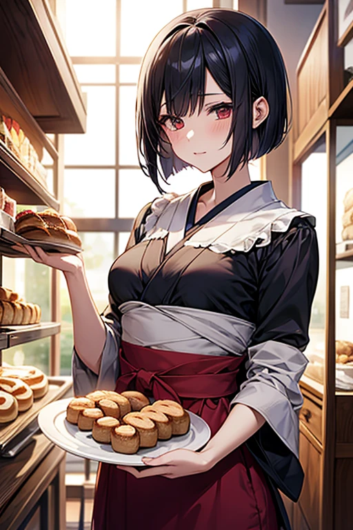 Enchanting anime girl, Naughty, Naughty anime style, Beautiful and attractive anime woman, Top rated on pixiv、beautiful girl、Japanese、Short Bob、Smaller breasts、Japanese bakery、Bakery clerk、Quiet、Inconspicuous