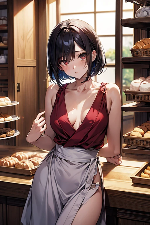 Enchanting anime girl, Naughty, Naughty anime style, Beautiful and attractive anime woman, Top rated on pixiv、beautiful girl、Japanese、Short Bob、Smaller breasts、Japanese bakery、Bakery clerk、Quiet、Inconspicuous
