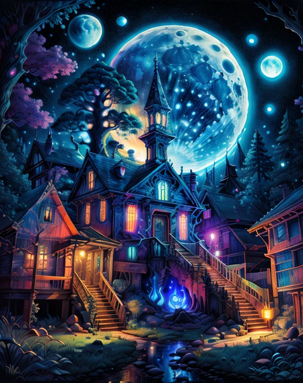 masterpiece, beautiful psychedelic moon, black light painting PsyAI