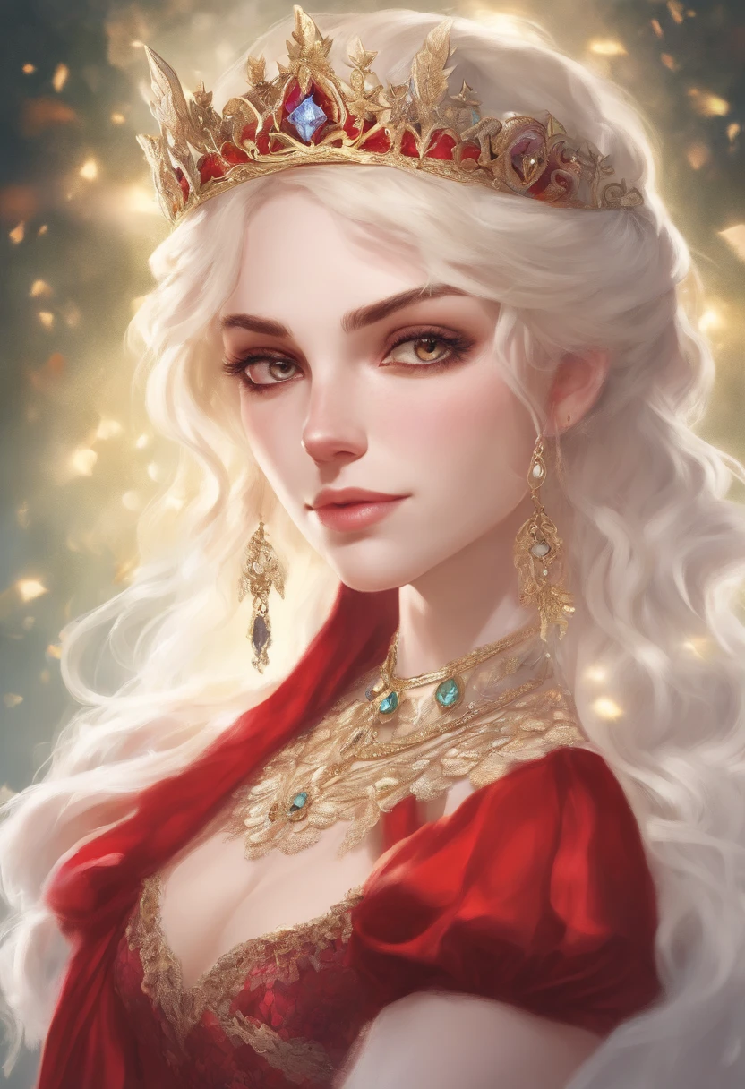 Very pale white eye woman blond hair red sexy dress mid 20s silver crown sadist