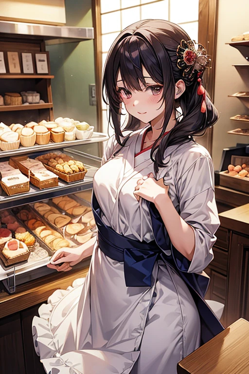 Enchanting anime girl, Naughty, Naughty anime style, Beautiful and attractive anime woman, Top rated on pixiv、beautiful girl、Japanese、Smaller breasts、Japanese bakery、Bakery clerk、Quiet、Inconspicuous