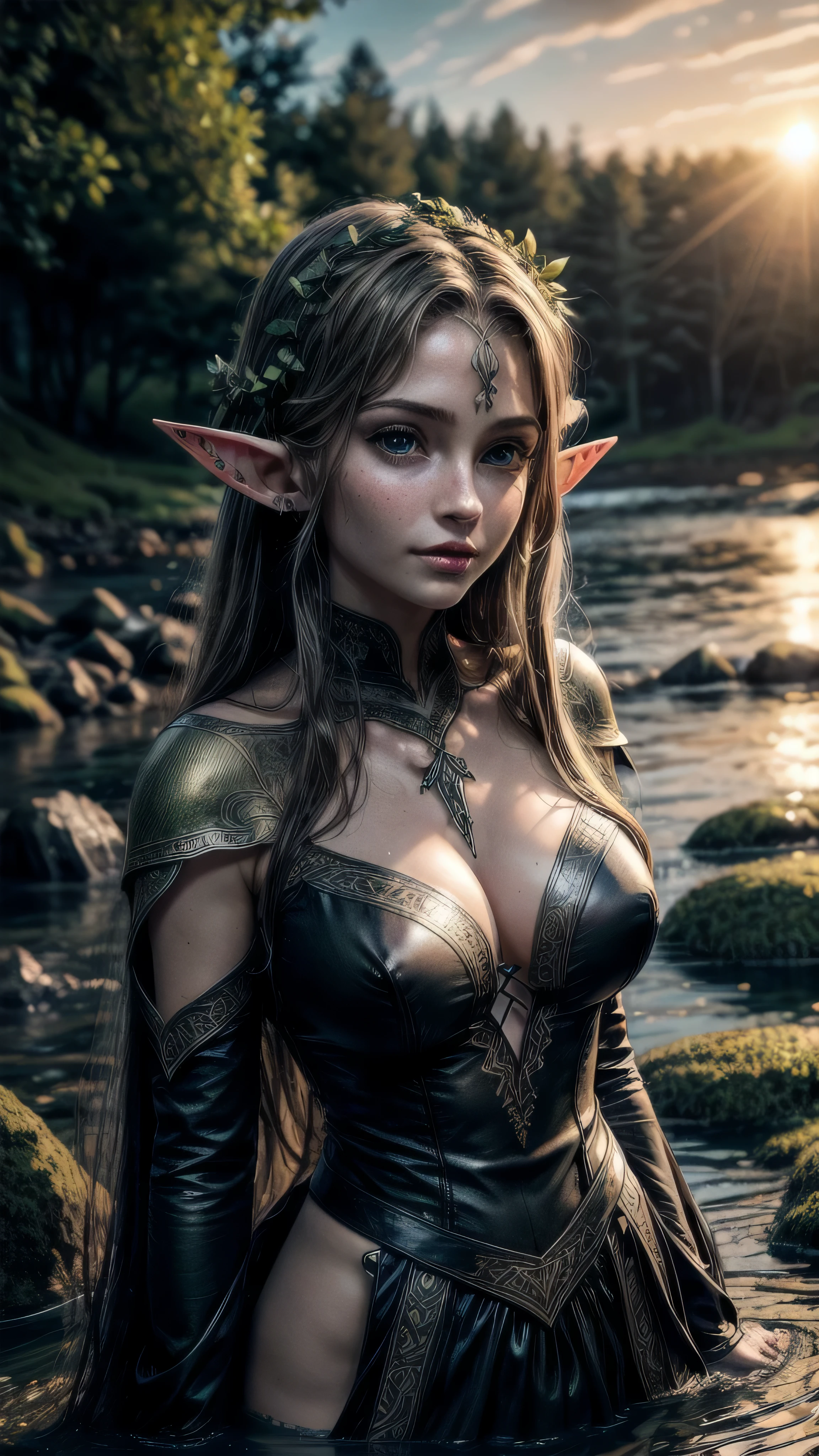 (masterpiece), (extremely intricate:1.3), (realistic), female, 19 years old, ((([small breasts:large breasts:0.6], ((portrait, closeup, closeup, closeup, elven, elf, black ribbons)), standing in lagoon, short undercut shaved [dark hair:blonde hair:0.6]), chin raised, smiling), freckles:0.5, tattoo:1.2, green eyes), metal reflections, outdoor, forest, intense sunlight, far away waterfall, sunset, professional photograph of a stunning girl detailed, sharp focus, dramatic, award winning, cinematic lighting, volumetrics dtx, (film grain, blurry background, blurry foreground, bokeh, depth of field, interaction), 8K