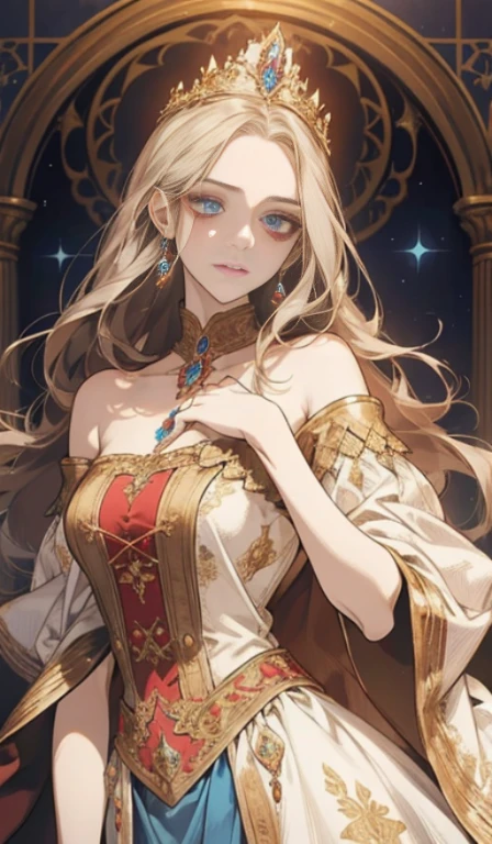 Fantasy, 19th century, empress, woman, delicate face, pale brown long hair, blue eyes, in a white royal dress with open shoulders, gold patterns on fabric, crystal jewelry, with a scarlet ribbon over the shoulder with the regalia of the monarch, Gothic castle made of white stone on the background, light, day, hd