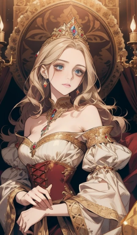 ((masterpiece, sidelighting, finely detailed beautiful eyes: 1.2)), ultra-detailed, ultra high res, professional lighting, high quality makeup, beautiful detailed eyes, sexy, beautiful, big eyes, <lora:roxanna_V1:0.7>, medium breasts, blond hair, red eyes, red lipstick, luxurious dress, red dress, jewelry, ornaments, red butterfly, slitted eyes, (evil:1.2), evil smile, cowboy shot ,<lora:GoodHands-beta2:1>, nice hands, perfect hands