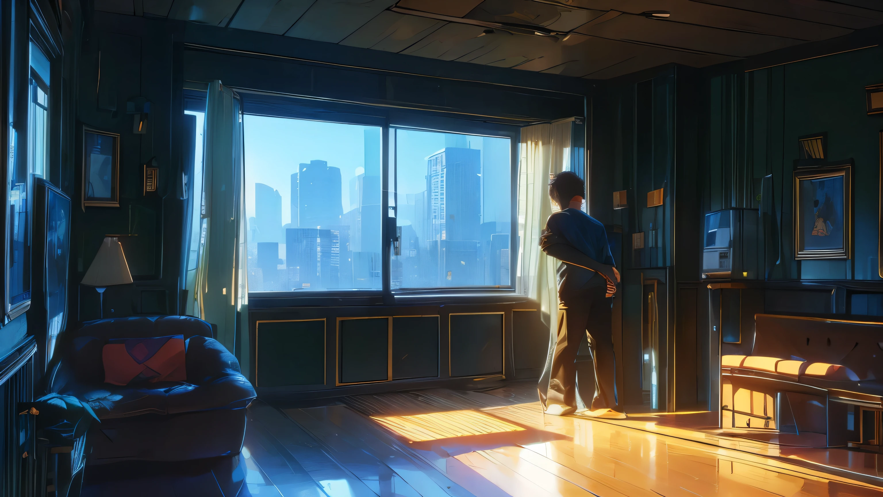 (best quality,ultra-detailed,realistic:1.37), humor,comic style,bold lines, with wide angle lens, with horizontal screen, widen in front, The room was bare, with no furniture or luggage, and the balcony had a balcony with silhouettes of buildings in the Shinjuku subcenter in the distance, and the afternoon sun was shining in through the windows. Two young men are smoking cigarettes and one is hugging the other from behind , humor,comic style,bold lines,