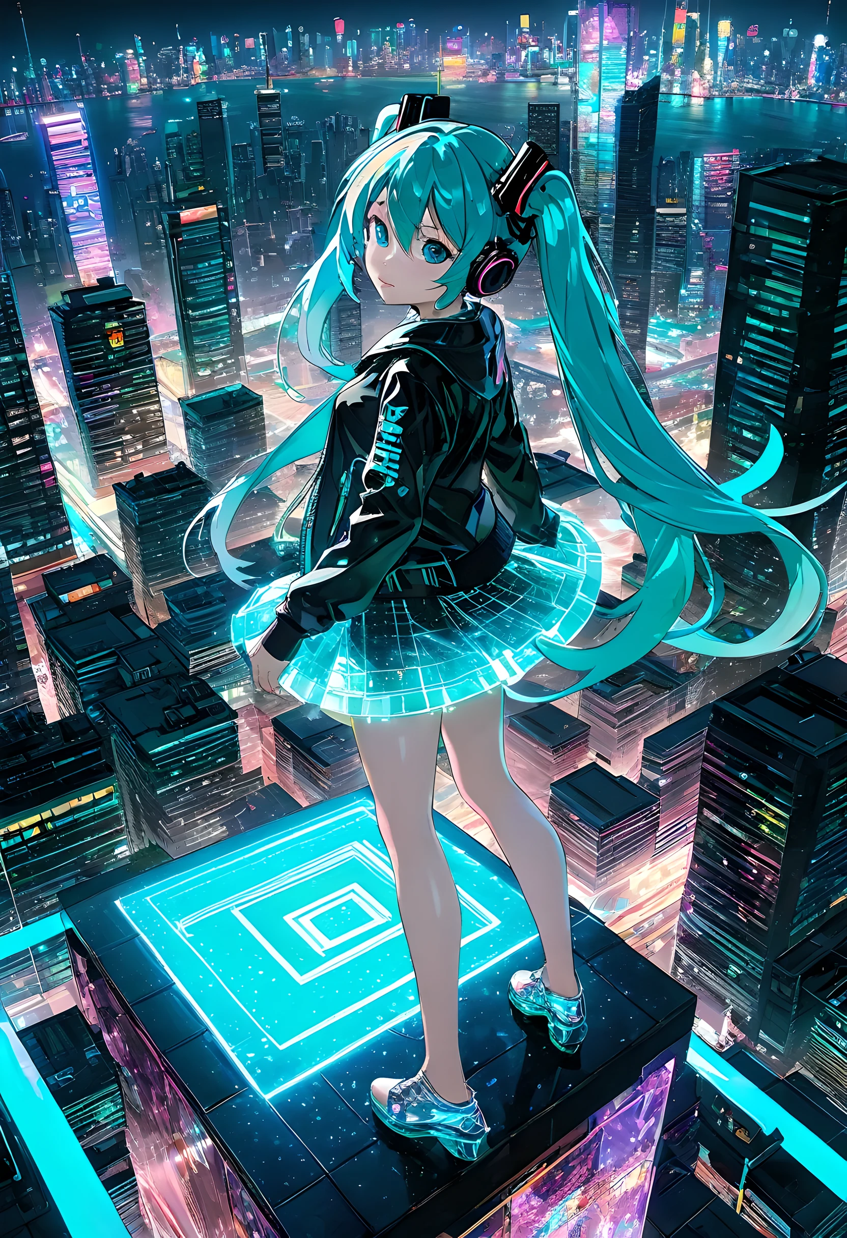 (Hatsune Miku,Light blue hair,Twin tails,No sleeve,tie,mini skirt,socks,Black hoodie),((Blue is the predominant color,Angle from below,Stars in the night sky)),(Shining futuristic city at night,Night view,Cyber World),(Dynamic pose,Standing on a glass stage,Cool look,singing,Holding a microphone)