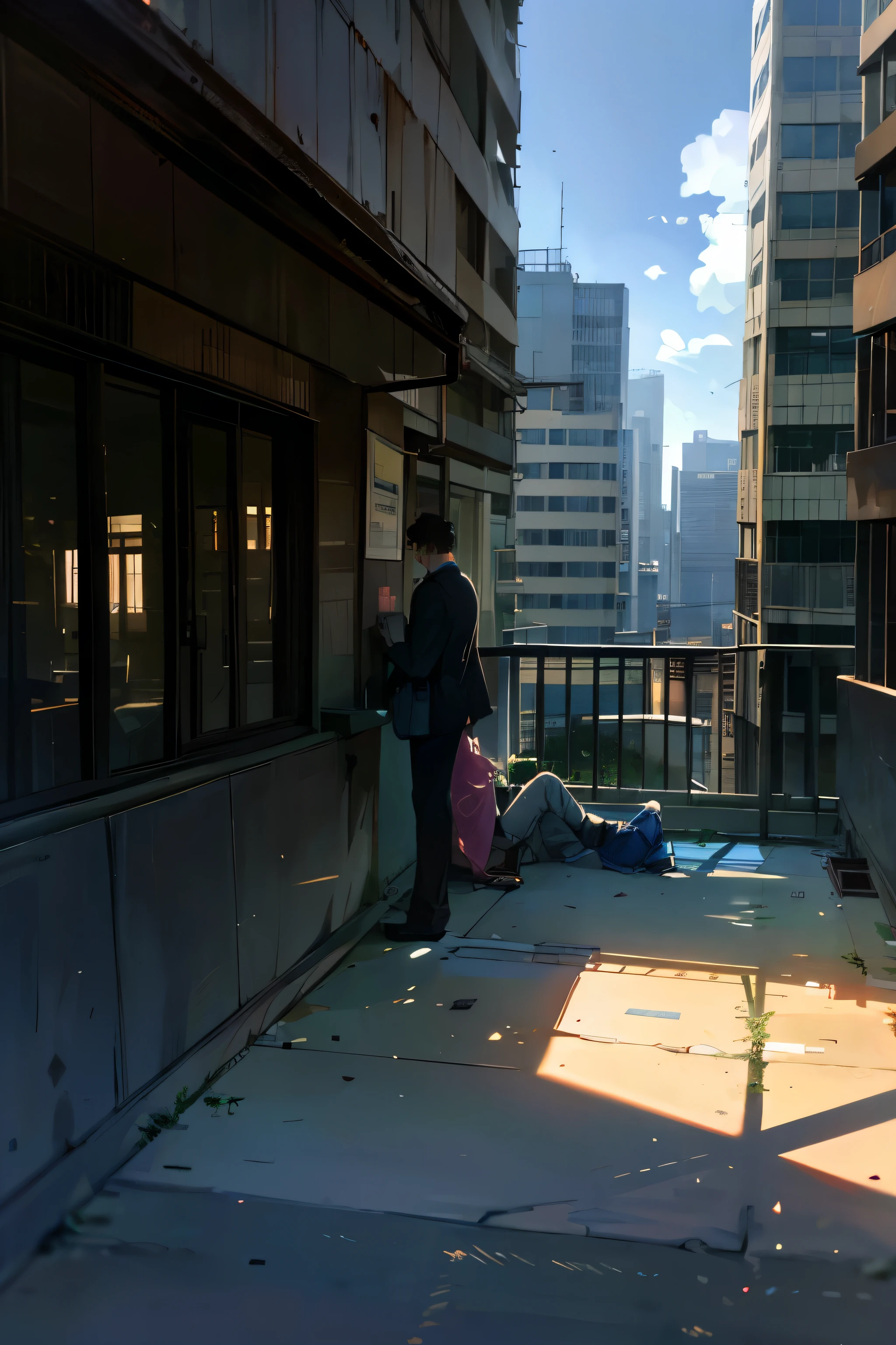 humor,comic style,bold lines,high rise residential building, with wide angle lens, The room was bare, with no furniture or luggage, and the balcony had a balcony with silhouettes of buildings in the Shinjuku subcenter in the distance, and the afternoon sun was shining in through the windows. The room was bare, with no furniture or luggage, and the balcony had a balcony with silhouettes of buildings in the Shinjuku subcenter in the distance, and the afternoon sun was shining in through the windows. Two young men are smoking cigarettes and one is hugging the other from behind , modern gay romance, humor,comic style,bold lines,