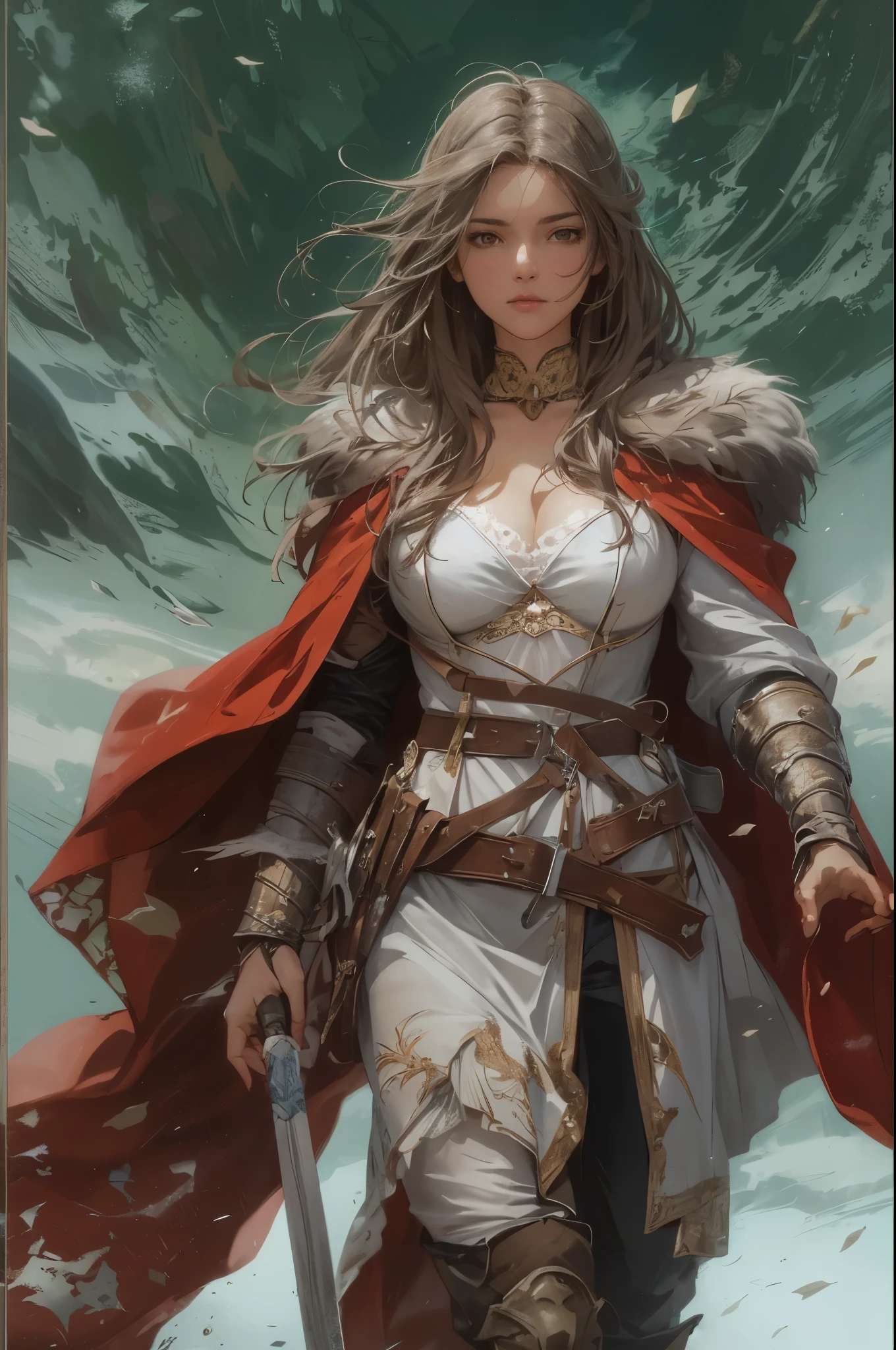 (by Greg Rutkowski: 1.2), (masterpiece), ((best quality)), extremely delicate and beautiful, illustration, (fantasy landscape), A mesmerizing fantasy with enchanting elements blending seamlessly. ((full body standing straight symmetrical, FEMALE warrior princess, big belt around waist, hair, very white skin like snow, wearing full heavy armor red cape, brown leather boots, adventurer outfit, veteran warrior milf bimbo, cleavage, ((perfect anatomy)), full body shot)), A sense of tranquility and wonder fills the air, inviting exploration and discovery. From Brian Froud and Carne Griffiths and Wadim Kashin and John William Waterhouse, 8K post-production, high resolution, hyperdetailed, depth of field, HDR, intricate