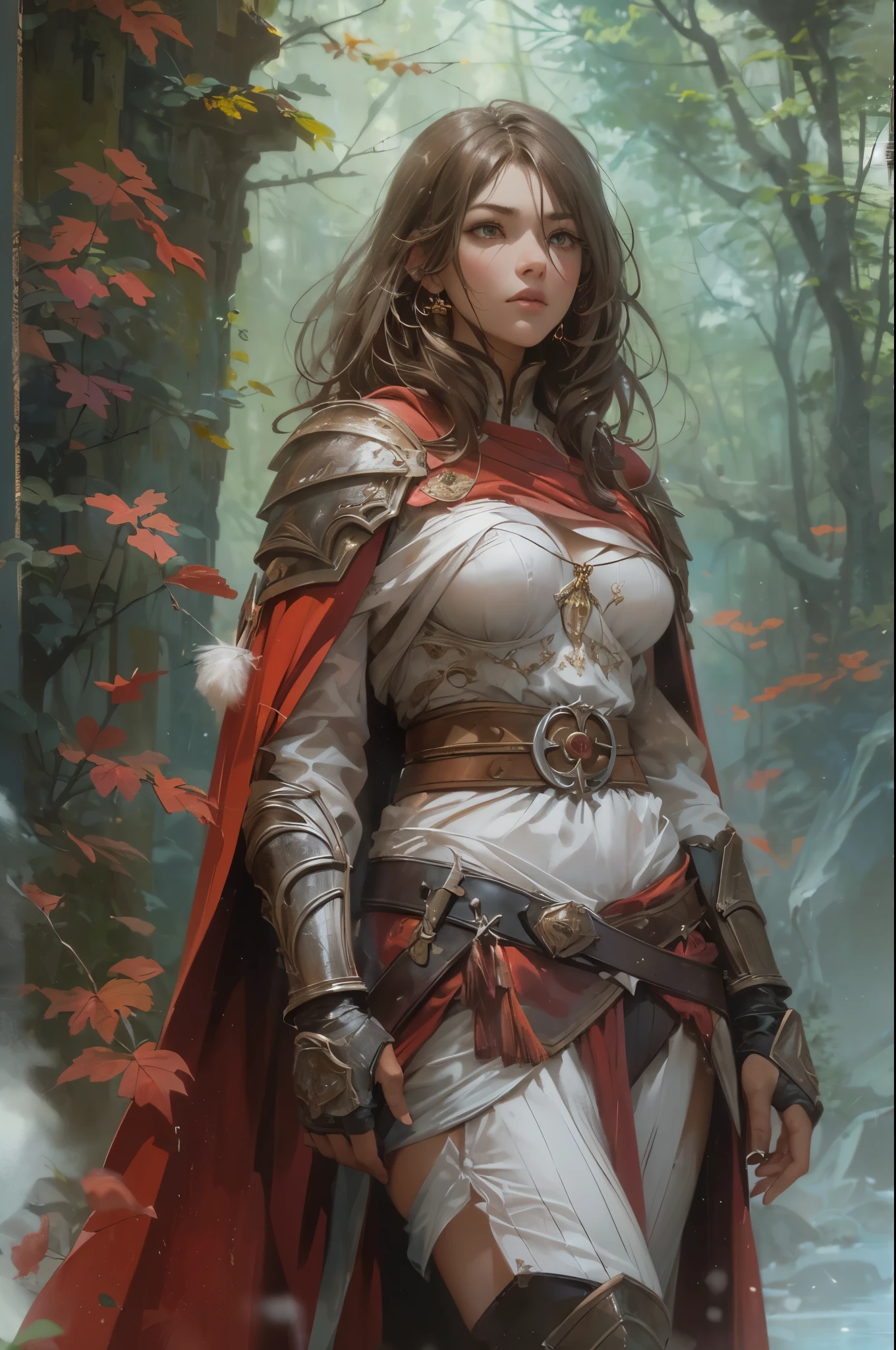 (by Greg Rutkowski: 1.2), (masterpiece), ((best quality)), extremely delicate and beautiful, illustration, (fantasy landscape), A mesmerizing fantasy with enchanting elements blending seamlessly. ((full body standing straight symmetrical, FEMALE warrior princess, big belt around waist, hair, very white skin like snow, wearing full heavy armor red cape, brown leather boots, adventurer outfit, veteran warrior milf ?????, cleavage, ((perfect ???????)), full body shot)), A sense of tranquility and wonder fills the air, inviting exploration and discovery. From Brian Froud and Carne Griffiths and Wadim Kashin and John William Waterhouse, 8K post-production, high resolution, hyperdetailed, depth of field, HDR, intricate