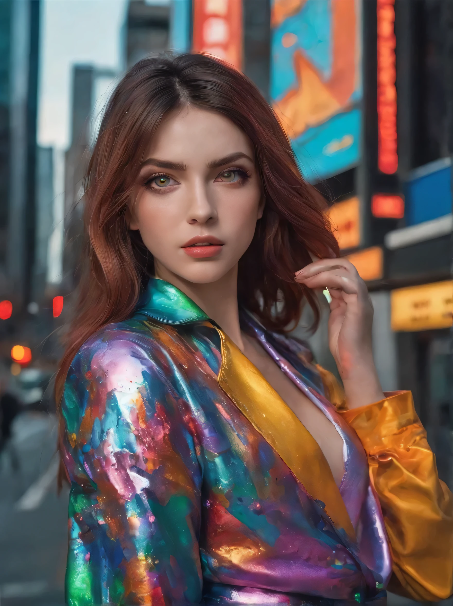 A tenacious female journalist uncovers a high-stakes conspiracy in a bustling metropolis.., Taking a selfie with your mobile phone, through crowded streets and dark alleys, Close-up, Holding a mobile phone in your hands. Detailed clothing, green eyes, loose hair, Defined Expression, shiny glossy skin, subsurface scattering, (spicy:0.7), [(colorful explosion psychedelic paint colors:1.21)::0.05], amazing little detail, Photo film Nikon D850 Camera Kodak Portra 400 f1.6 lenses, rich colors, realistic texture, Dramatic lighting, urban environment, skyscrapers, neon signs, street vendors, dynamic composition, Unreal engine, trending on artstation, film studio 800 tungsten