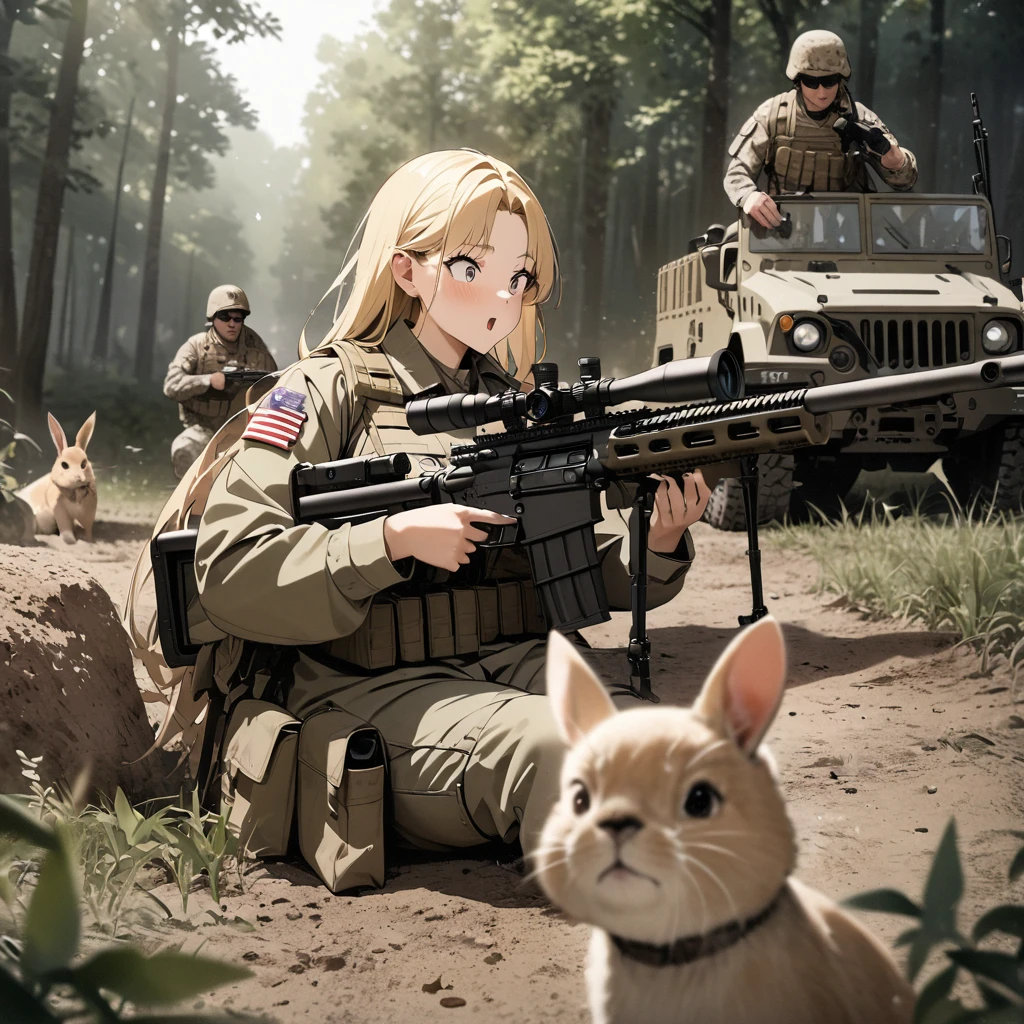 High quality, high definition, high precision images,8k Full HD.1 girl.America,army Modern soldier,Hide in the bushes and assume a sniper position,sniper rifle,camouflage,Blonde girl with hair, sitting in a forest field, military trucks,Olive Tent Eating canned food, a cup of coffee,Soldier in the background A rabbit is about to pounce. Surprised face