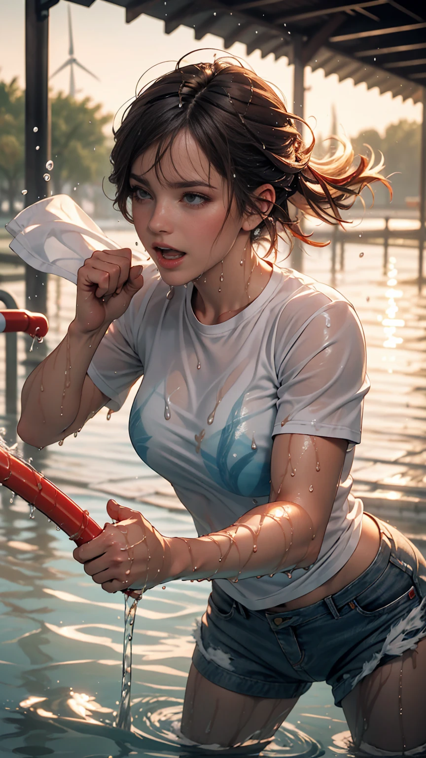 masterpiece, highest quality, (Dynamic pose:0.5), Absurd, One girl,  Fighting Pose, punch water, (Attacking with water:1.5) Wet clothes, wet hair, Wet Face, Water behind a person, Multicolored Hair, (Wind:1.4)