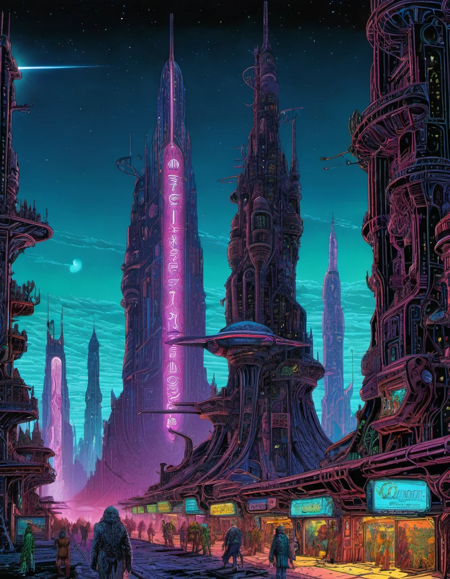 moebius,druillet inspired heavy metal art a futuristic city during a neon-lit night , each building holds a different ecosystem, from high-tech metropolis to traditional markets, the contrast in colors and textures should be distinct surreal,dramatic lighting,sense of motion,grainy texture,highly detailed