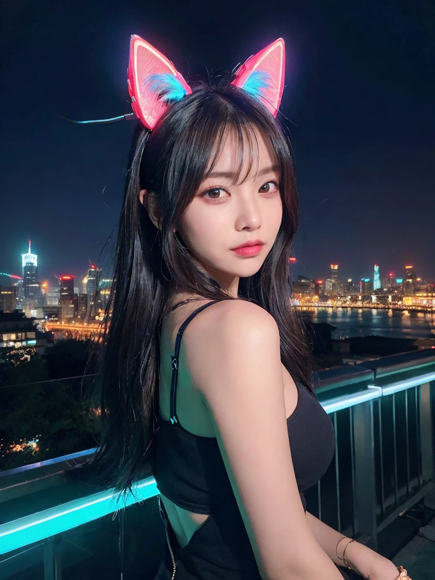 最high quality, masterpiece, 32k、Super detailed、realistic、1 girl, japanese woman、cute face, (photo actual:1.3), edge lighting, (high detail skin:1.2), 8K超High resolution, Single-lens reflex camera, high quality, High resolution, 4k, 8K, Optimal ratio of 4 fingers to 1 thumb, (actual:1.3), Green and blue neon cat ears headband、cute 1 girl, realistic、Super realistic、32k、Super detailed、masterpiece, 最high quality, beautiful girl, beauty、small breasts, Mecha, beautiful lighting, (neon light:1.2), (night:1.5), Cyberpunk Costume、sitting,Cyber Neon、future city、Skyscraper、City night、Shanghai、big city、night scene、Beautiful night scene
