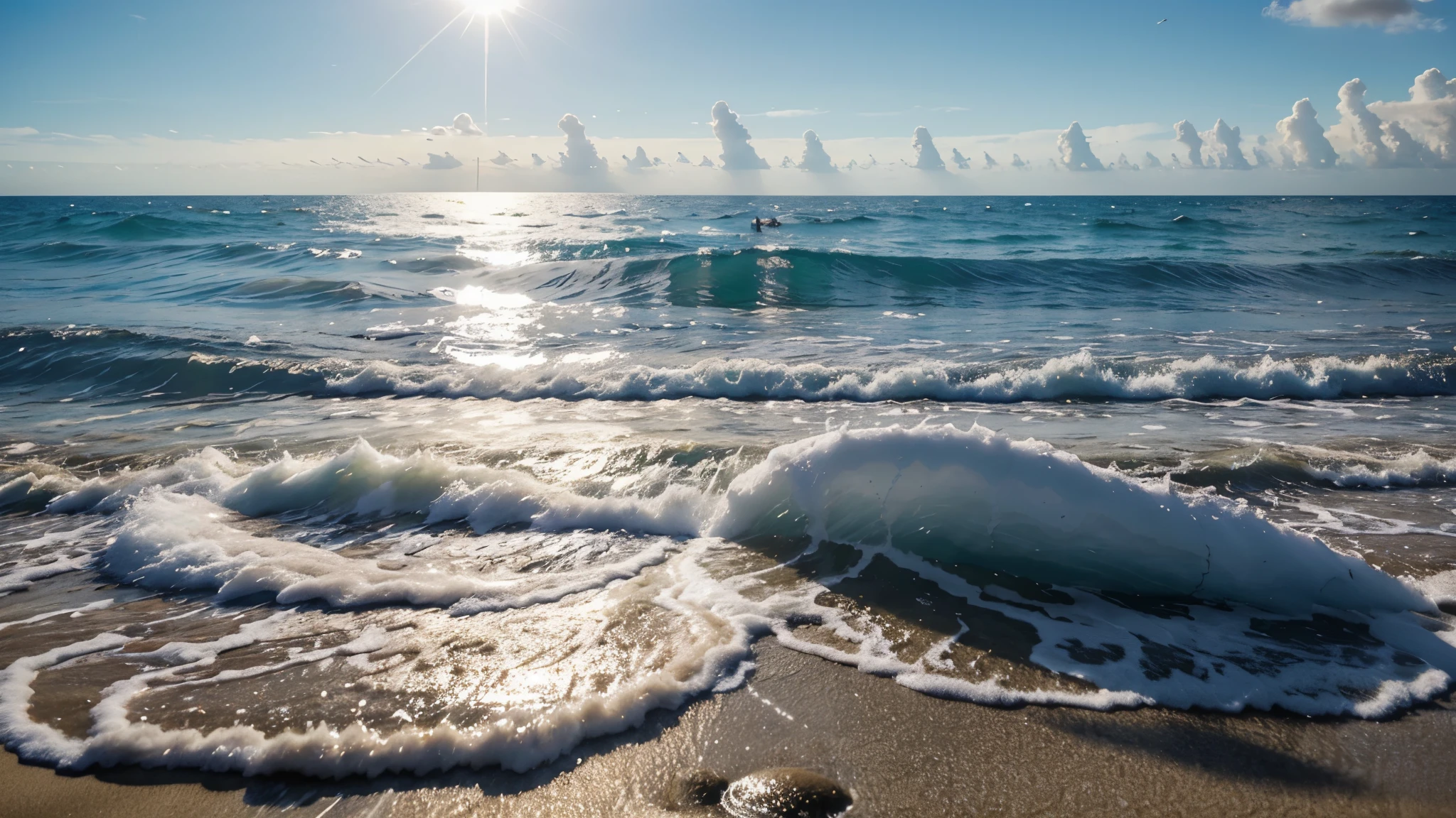Visualisez un environnement paisible, sunny scene by the sea, où le clair, le ciel bleu s'extends to'infini, rencontrant l'horizon où l'eau cristalline caresse doucement le sable fin. Il est environ 14 heures, et le soleil est à son zénith, bathing the scene in light, lumière chaude qui accentue les teintes dorées du sable et les reflets chatoyants sur l'eau. Des palmiers élancés se dressent fièrement le long de la côte, their green leaves dance lightly in the sea breeze. Their silhouettes add a tropical touch to the scene, évoquant une sensation d'évasion et de tranquillité. le sable, d'une douceur invitante, s'étire jusqu'aux eaux claires, invitant les spectateurs à imaginer le sentiment du sable sous leurs pieds et le son apaisant des vagues. L'atmosphère générale de l'image est celle de la sérénité et de la joie simple de profiter d'un aprèidi parfait au bord de la mer. La composition de l'image est telle qu'elle invite le regard à voyager de l'avant-plan, avec le sable et les premiers palmiers, vers l'immensity of the sea and the sky, soulignant la vastitude et la beauté naturelle du paysage. This image is designed to capture the'essence d'un moment idyllique au bord de la mer., where each element – the sun, les palmiers, le sable, et de l'water – helps create a harmonious and calming scene, parfaite pour évoquer les plaisirs simples de la vie au contact de la nature.