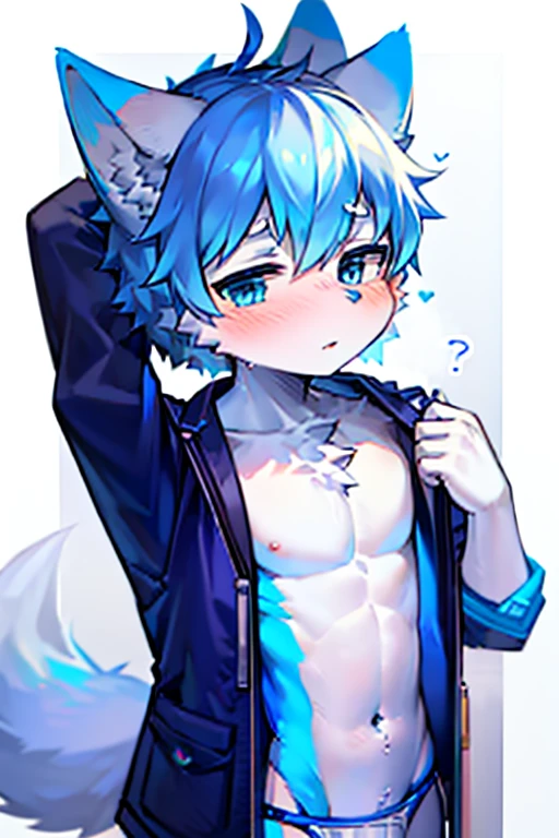 1 boy, Wolf,young people，Blue fur, young people, blue eyes, Messy hair, blue white hair, short hair, masterpiece，Topless，Plain white briefs，blush