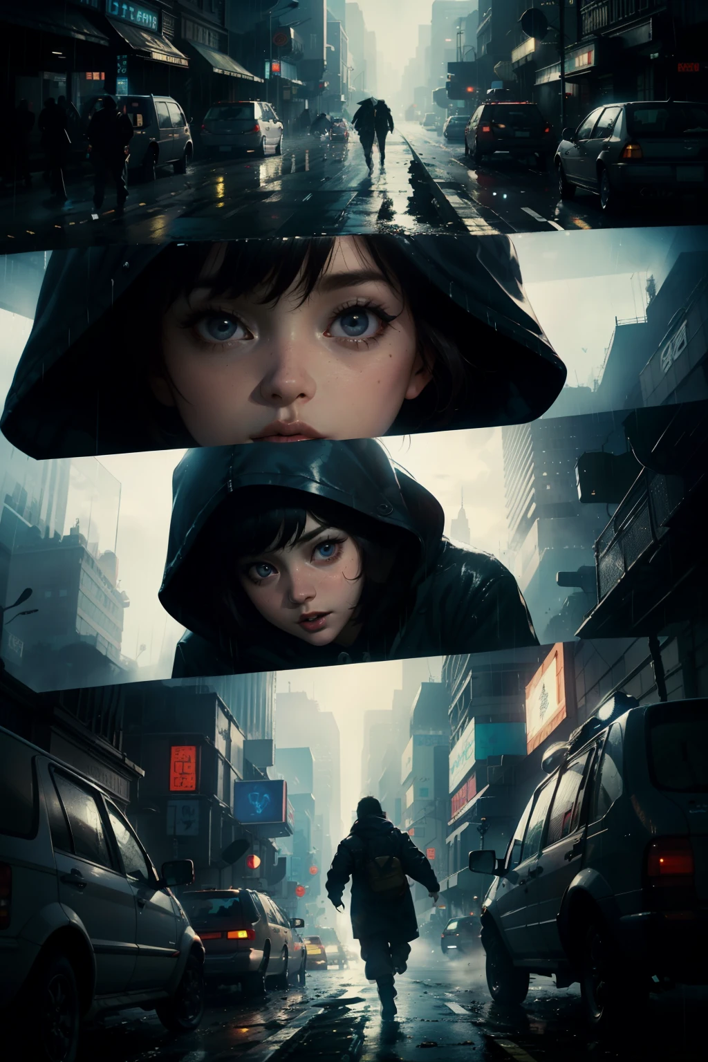 ((highest quality)), ((masterpiece)), (be familiar with), (High definition), (Accurate), (Realistic), (Cinematic), (Best Shadow), (Low contrast), (8K), Perfect Face, ((SYD MEAD style)), manga、mangaデザイン、Storyboard、Frame division、1 Female, Black Hair, very short hair, ((Blue Eyes)), (Replicant), (On the run:1.2 )、Wearing a hooded raincoat、Hollow Eyes、(Scramble crossing), Being chased by the police、The car is jammed、congestion, congestion, Decadent Future City, NEO TOKYO, A.D.2051, (steam:1.2), It's raining white, evening, (Close-up of face)、Bust Shot