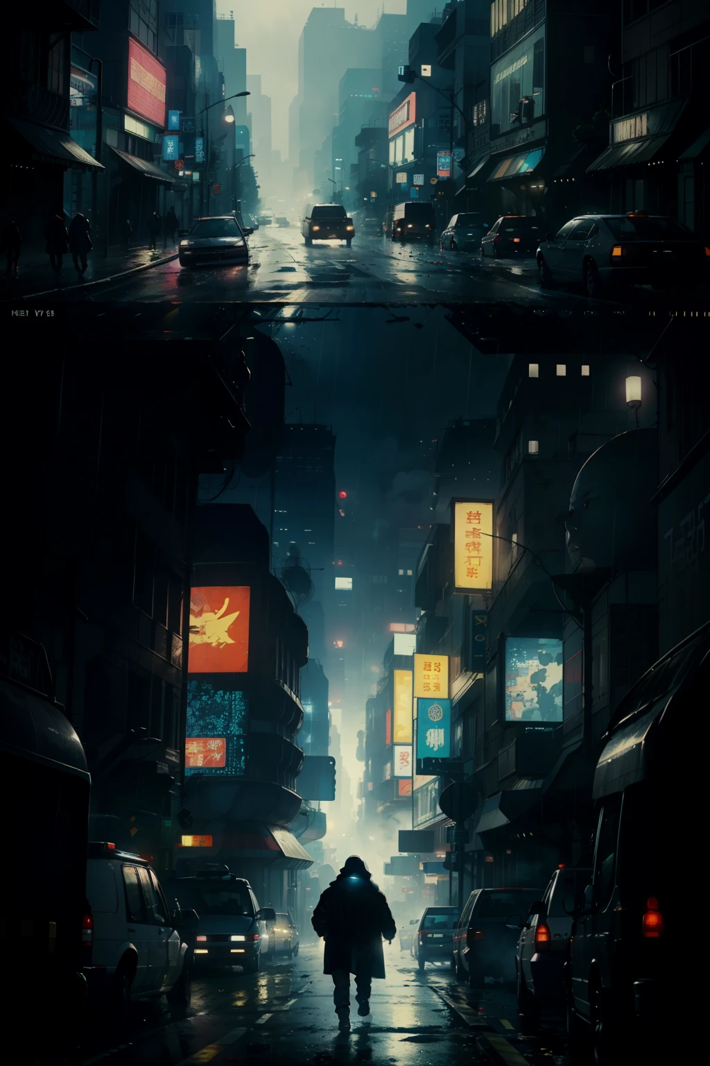((highest quality)), ((masterpiece)), (be familiar with), (High definition), (Accurate), (Realistic), (Cinematic), (Best Shadow), (Low contrast), (8K), Perfect Face, ((SYD MEAD style)), manga、mangaデザイン、Storyboard、Frame division、1 Female, Black Hair, very short hair, ((Blue Eyes)), (Replicant), (On the run:1.2 )、Wearing a hooded raincoat、Hollow Eyes、(Scramble crossing), Being chased by the police、The car is jammed、congestion, congestion, Decadent Future City, NEO TOKYO, A.D.2051, (steam:1.2), It's raining white, evening, (Close-up of face)、Bust Shot