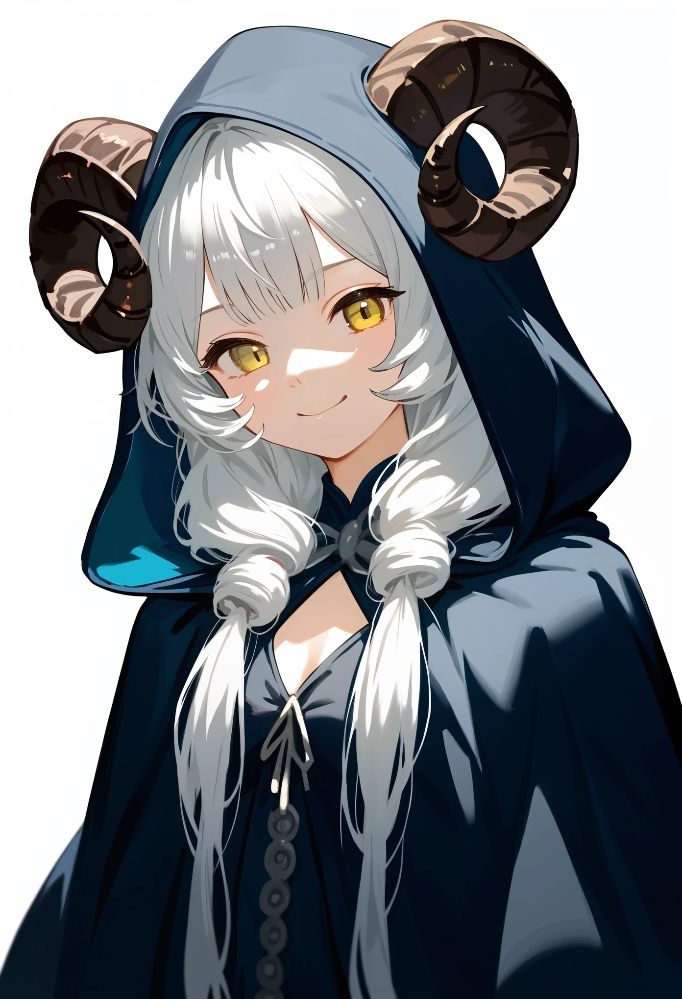(score_9, score_8_up, score_7_up), 1girl, solo, (sheep horns, curled horns, black horns:), (black sheep ears), white hair, long hair, hime cut, long bangs, pale skin, yellow eyes, evil smile, smug, :>, small breasts, standing, (hooded cloak, cultist cloak, hood on, dark robe), (white background, simple background), upper body, highres, detailed, best quality, masterpiece,