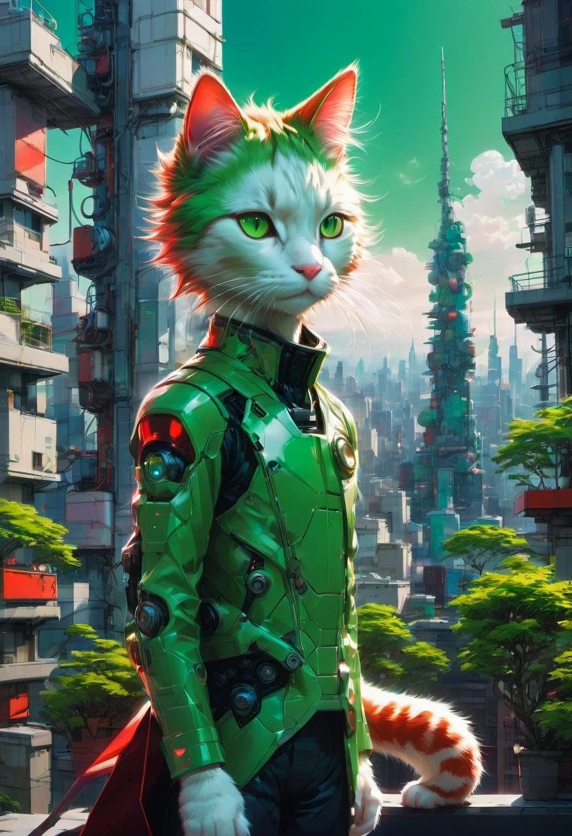 1boy,(human:1.5),Person Standing on the Rooftop,aesthetic,Person Standing on the Rooftop and Rookwood Studios Studio 2010 Anime Series, square enix anime decora green colored theme, robotech styling with red accents and a white cat on the left, artwork by Studio Ghibli, Makoto Shinkai, Artgerm, Shinkai America, Portra 400, catboy 6 0 s, anime masterpiece, art by artgerm and greg rutkowski and alphonse mucha, high detail, volumetric lighting, 8k