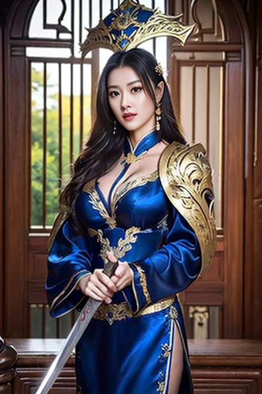 (Masterpiece,High-definition,Surreal、Digital Art:1.2)、Beautiful Female Warrior,Three Kingdoms,Fine eyes and face,Tall Woman,Chinese Warrior,Hanfu、(Dynamic pose with sword:1.2)、General temperament,Tall Woman,Strong Body,Wide ass,Cleavage、In front of the gate of an ancient Chinese castle、Full Body Portrait