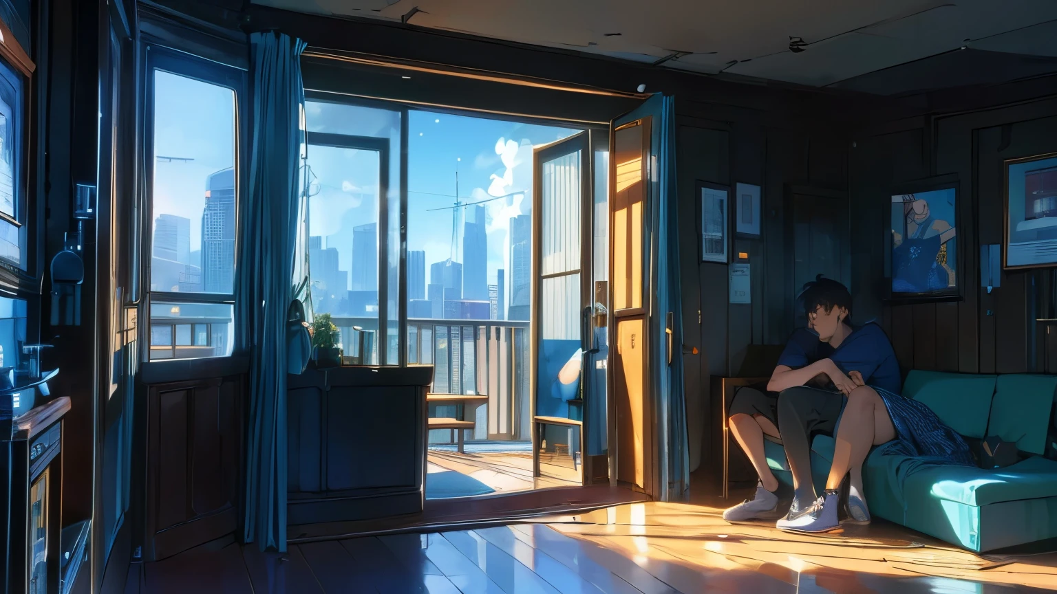 (best quality,ultra-detailed,realistic:1.37), humor,comic style,bold lines, with wide angle lens, with horizontal screen, widen in front, The room was bare, with no furniture or luggage, and the balcony had a balcony with silhouettes of buildings in the Shinjuku subcenter in the distance, and the afternoon sun was shining in through the windows. Two young men are smoking cigarettes and one is hugging the other from behind , humor,comic style,bold lines,