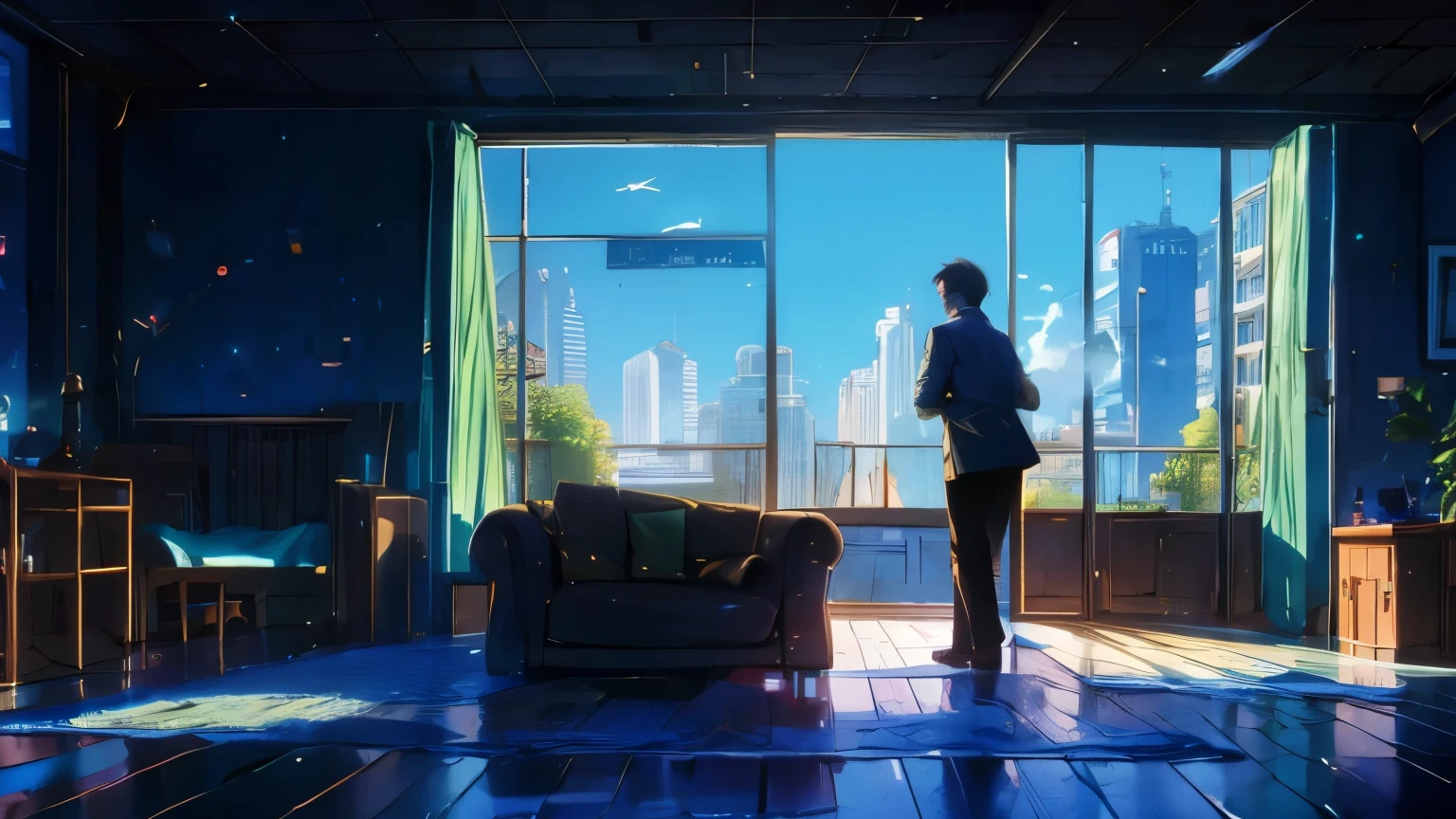 with wide angle lens, with horizontal screen, widen in front, The room was bare, with no furniture or luggage, and the balcony had a balcony with silhouettes of buildings in the Shinjuku subcenter in the distance, and the afternoon sun was shining in through the windows. Two young men are smoking cigarettes and one is hugging the other from behind , humor,comic style,bold lines,