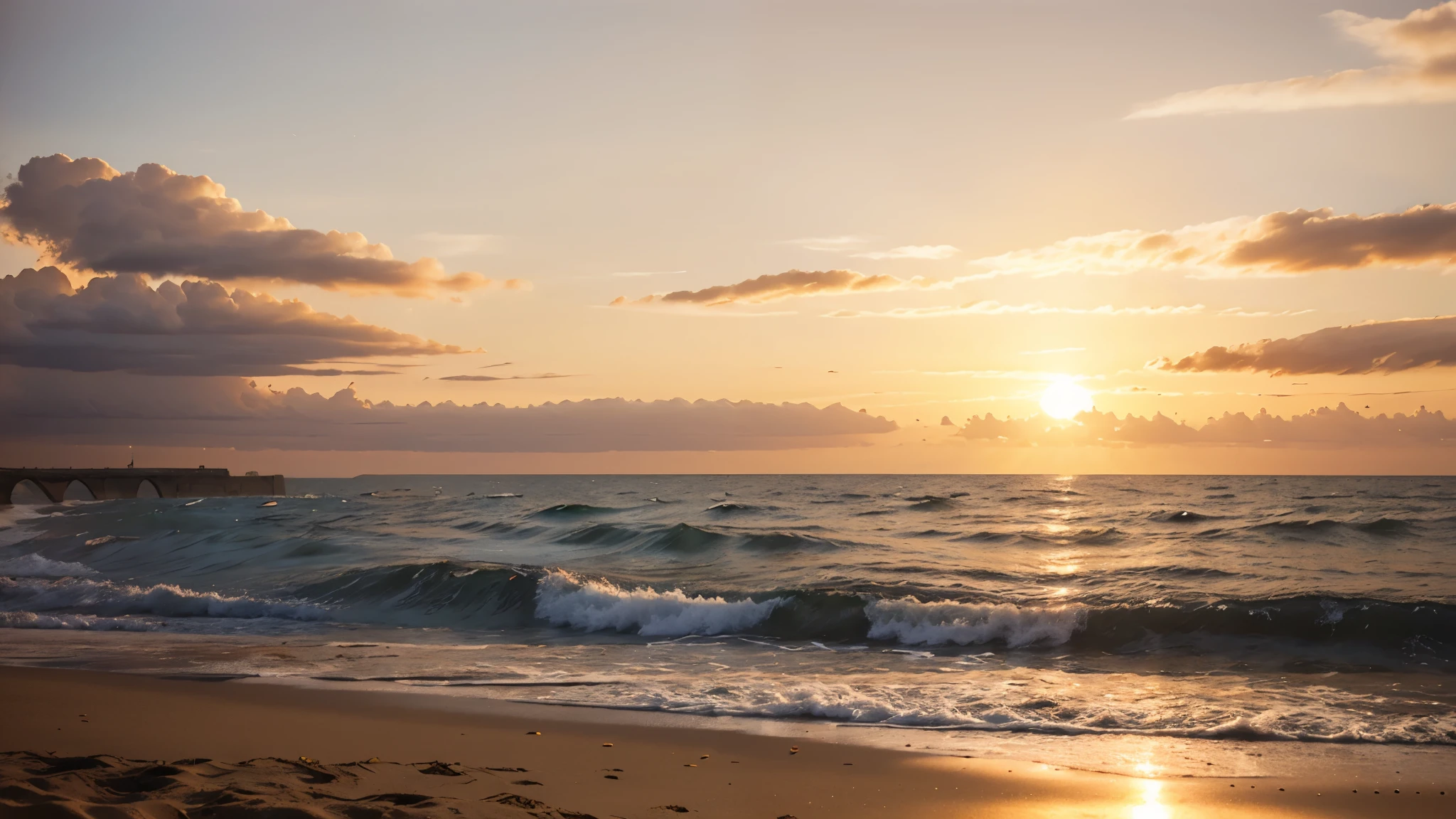 Une plage au coucher du soleil, with warm colors dominating and a slight breeze lifting its coat.