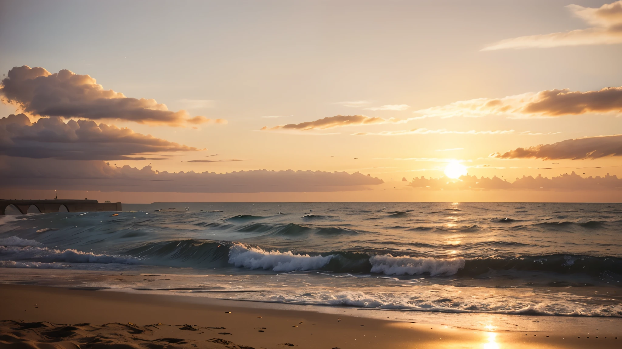 Une plage au coucher du soleil, with warm colors dominating and a slight breeze lifting its coat.