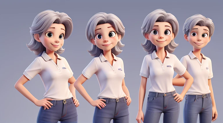 50 year old woman, housewife, slim body, kind, kind, wearing a white polo shirt and wearing jeans, anime character, manga, 3D illustration style, 3D rendering, plain background,
