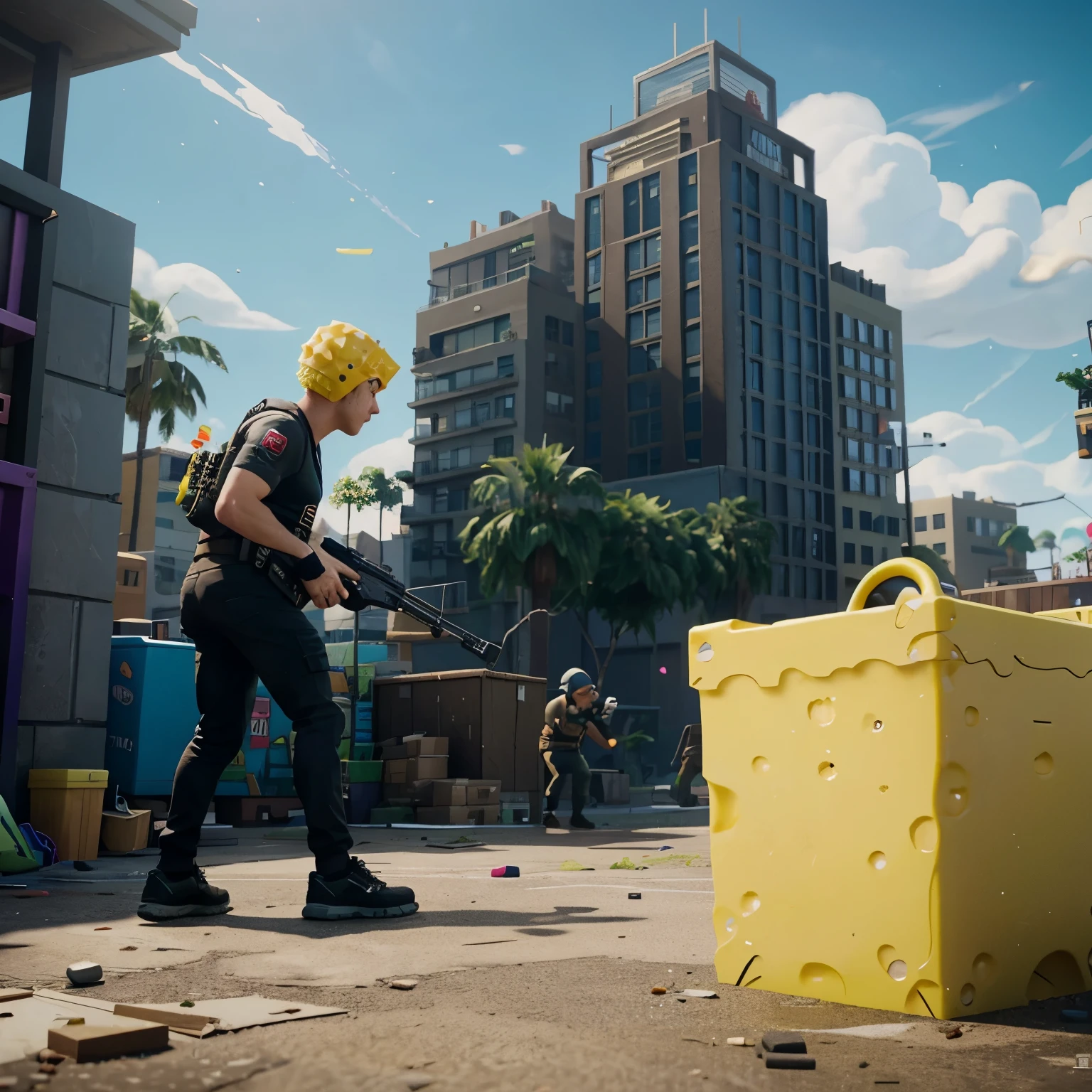 Spongebob im tilted towers of fortnite shooting at patrick with a pistol