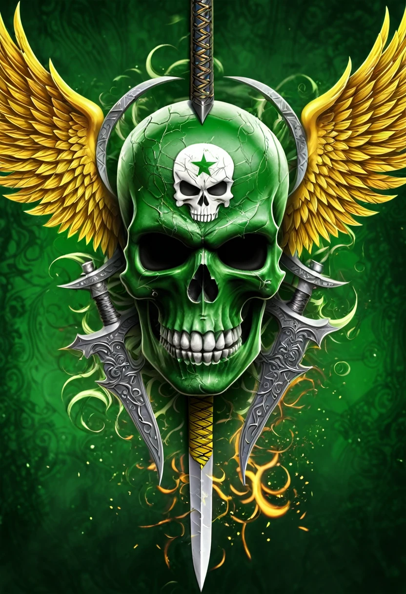 Rosto de uma caveira forte, with a winged sword behind the skull. uma bandeira do brasil no fundo da imagem. Strength symbol