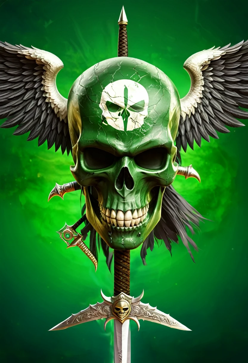 Rosto de uma caveira forte, with a winged sword behind the skull. uma bandeira do brasil no fundo da imagem. Strength symbol