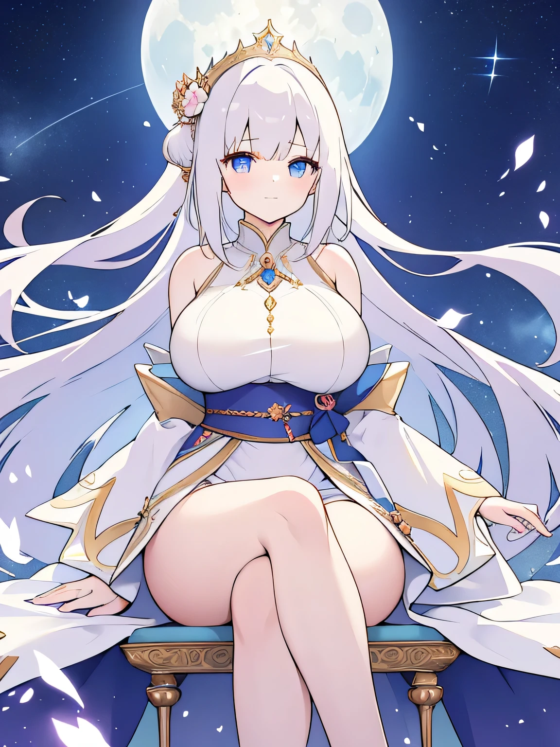 A girl，White hair，White palace dress，（Huge breasts：2），Extreme 8K image quality，There was a wind blowing，Lift up the hem of the palace dress，Showing off slender thighs，A faint smile，The eyes are sapphire colored，Background starry sky，Star Trails，The face is delicate，The ultimate face，Oval face，Like a cute heroine in Japanese anime，Extremely high rendering，The moon hangs above，The girl is like a goddess under the moon，Surrounded by tassels，Possessing the glory of motherhood，Front view，Many details，There are many patterns on the palace dress，Sitting on a stool，The legs are open in an M shape，