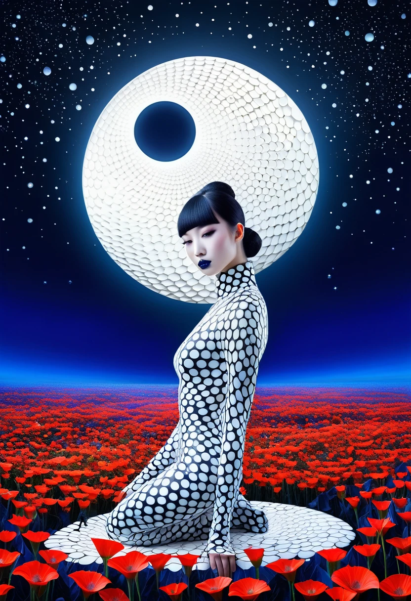 A mesmerizing digital painting captures the essence of two otherworldly creatures, with porcelain skin and strong spots, which form a striking contrast. They symbolize the good in white and the evil in black. in yin yang style The creature is in a modern, stilvolles Gewand gekleidet, das Eleganz ausstrahlt, while standing gracefully amidst a radiant field of bright red moonflowers. The harmony of the twilight and midnight blue tones in the background creates a dreamy, surreal atmosphere. Drahtstrukturen und Disco-Core-Modeelemente rufen eine postapokalyptische, futuristic atmosphere, while the creature’s hyper-realistic details draw the viewer into its captivating, mystical world.