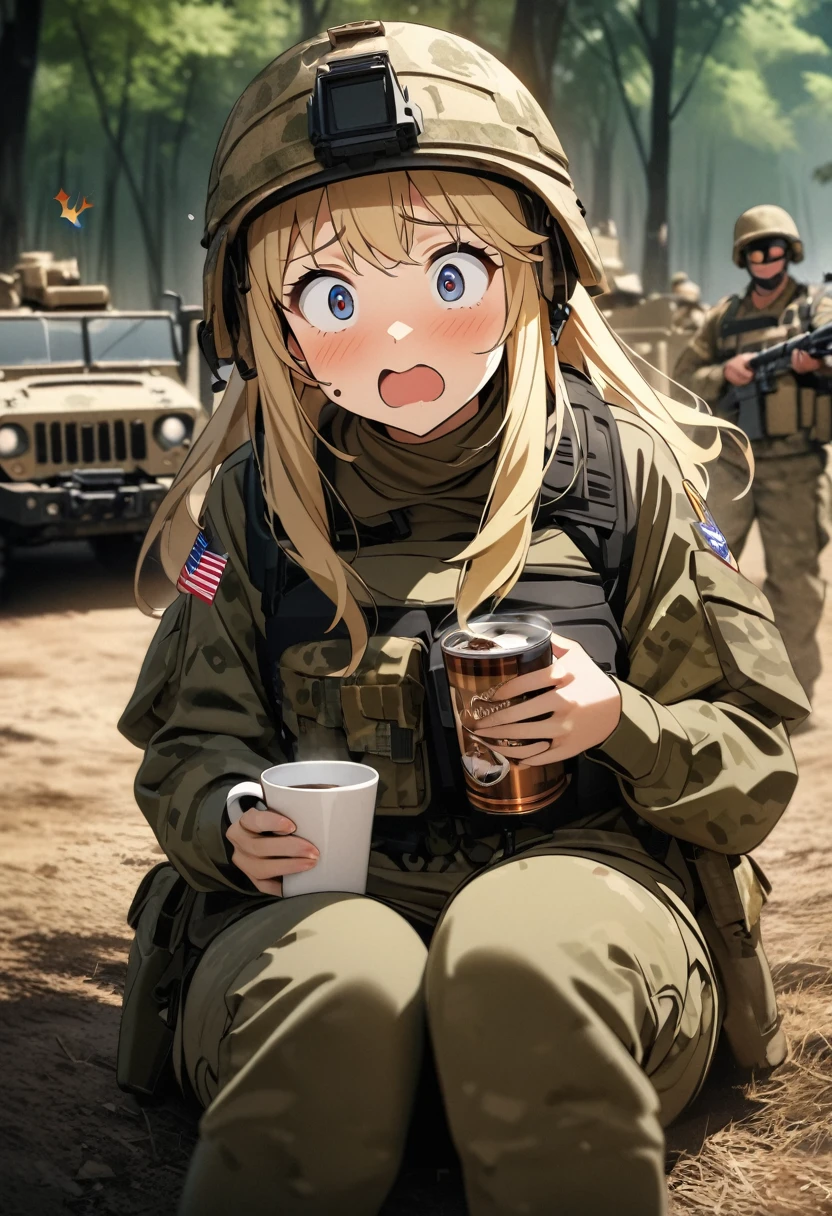 High quality, high definition, high precision images,8k Full HD.1 girl.America,army Modern soldier,camouflage,Blonde girl with hair, sitting in a forest field, military trucks,Olive Tent Eating canned food, a cup of coffee,Soldier in the background A rabbit is about to pounce. Surprised face、Wear a camouflage helmet