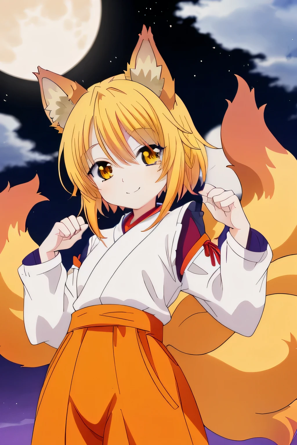 una chica kizuna muy kawaii con piel color crema, Yellow hair color and wearing an orange fighting dogi of goku and with fox ears and multiple tails with his mouth closed but with a smile on his lips on a very beautiful night with a full moon