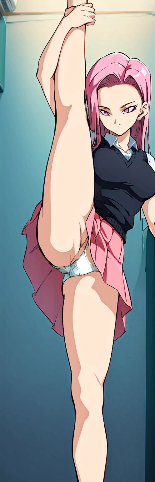 (masterpiece, highest quality:1.2), 1 girl, alone,Are standing_Split,
, long hair,black sleeveless short vest,pink skirt,white transparent panties