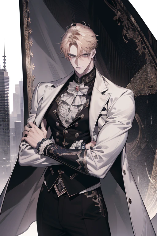 (absurdres, highres, ultra detailed), 1 male, adult, handsome, tall muscular guy, broad shoulders, casual outfit, finely detailed eyes, light color hair, complex pattern, detailed face, modern, city, best ratio four finger and one thumb, menacing, (dutch angle), closed mouth